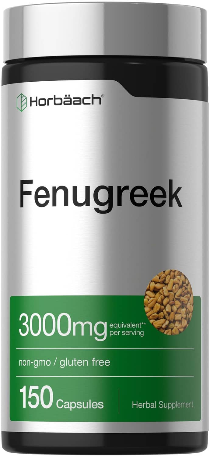 Fenugreek supplement capsules bottle, 3000mg, 150 capsules, dark green label