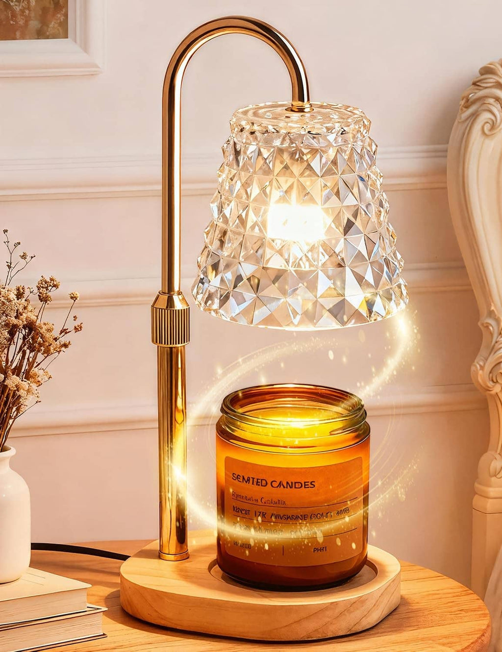Diamond-cut candle warmer lamp with gold stand and glowing candle jar on base