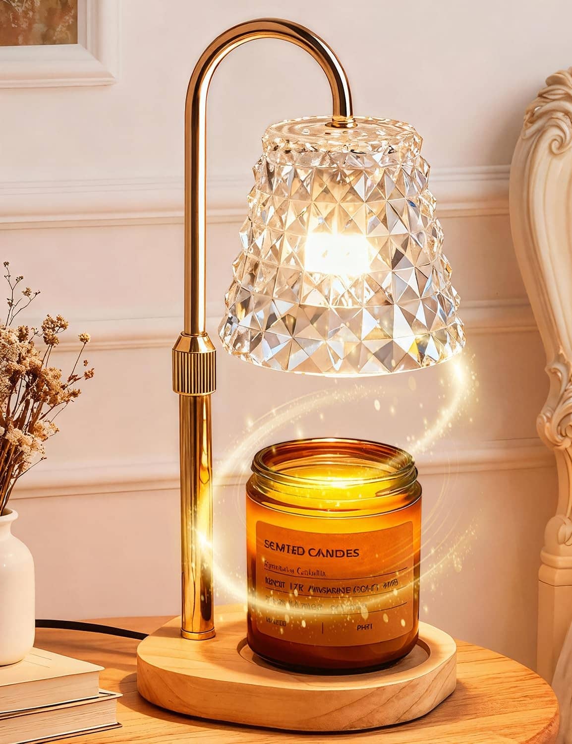 Diamond-cut candle warmer lamp with gold stand and glowing candle jar on base