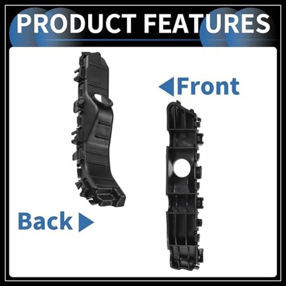 Front bumper retainer brackets, tall side supports in black plastic, left/right shapes