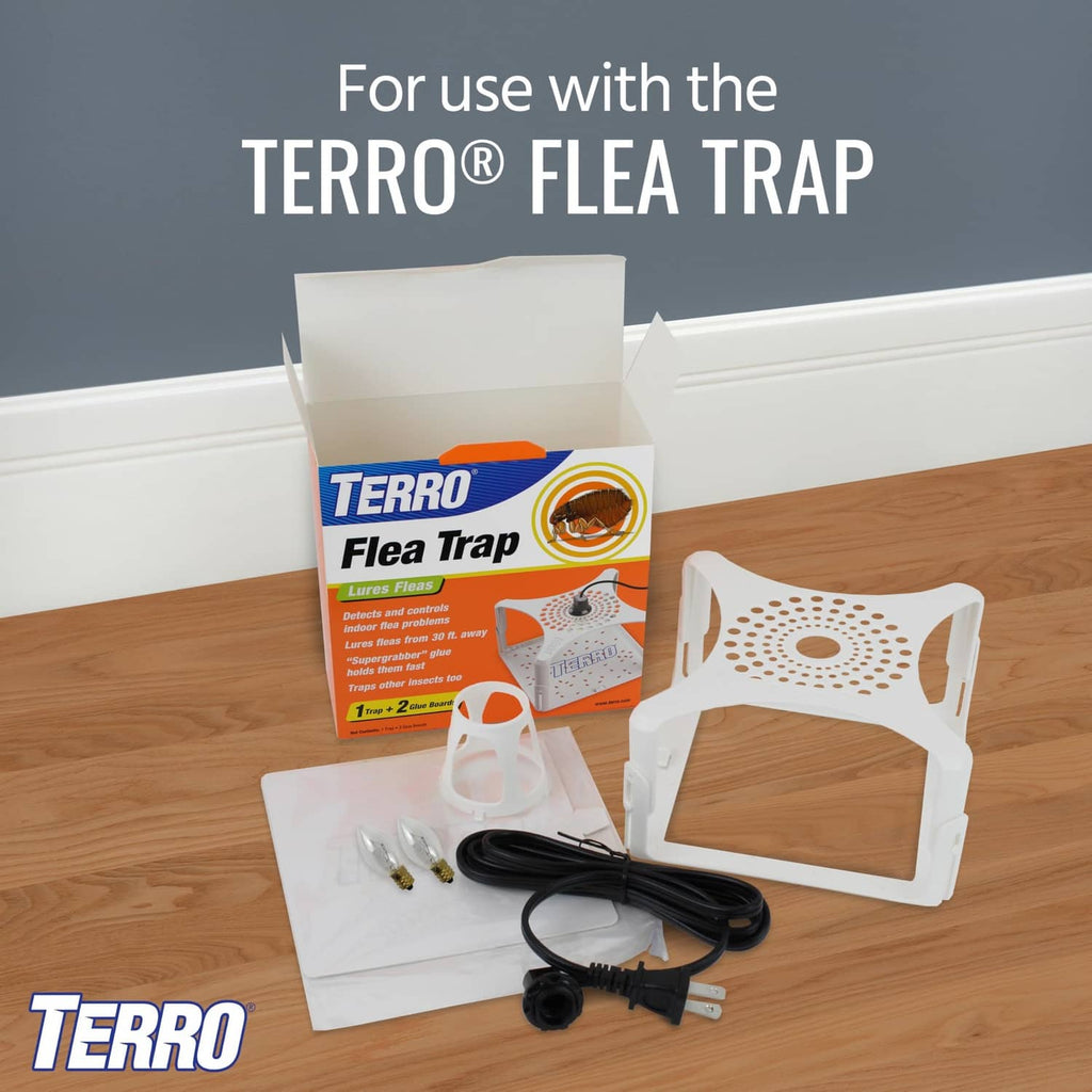TERRO flea trap refill kit with glue boards and included parts in box