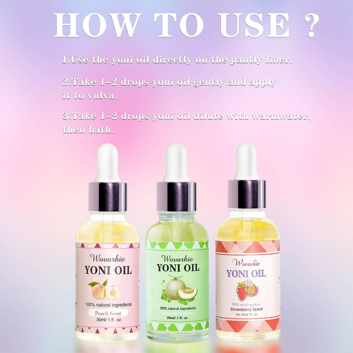 Three feminine oil dropper bottles with pastel labels, assorted scents
