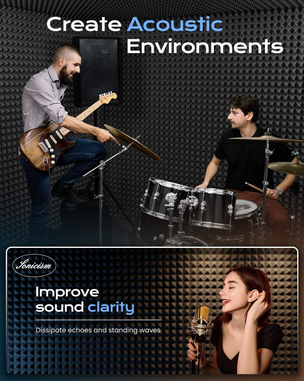 Black pyramid acoustic foam wall panels in a music studio setting
