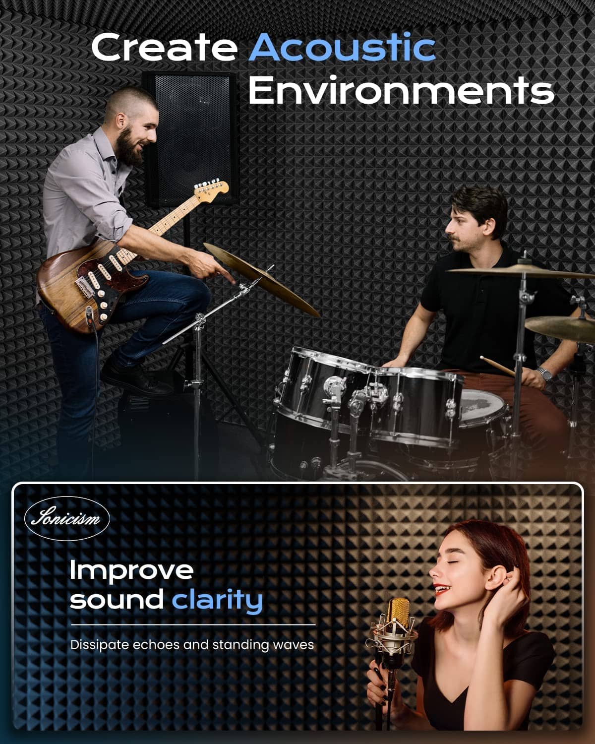 Black pyramid acoustic foam wall panels in a music studio setting