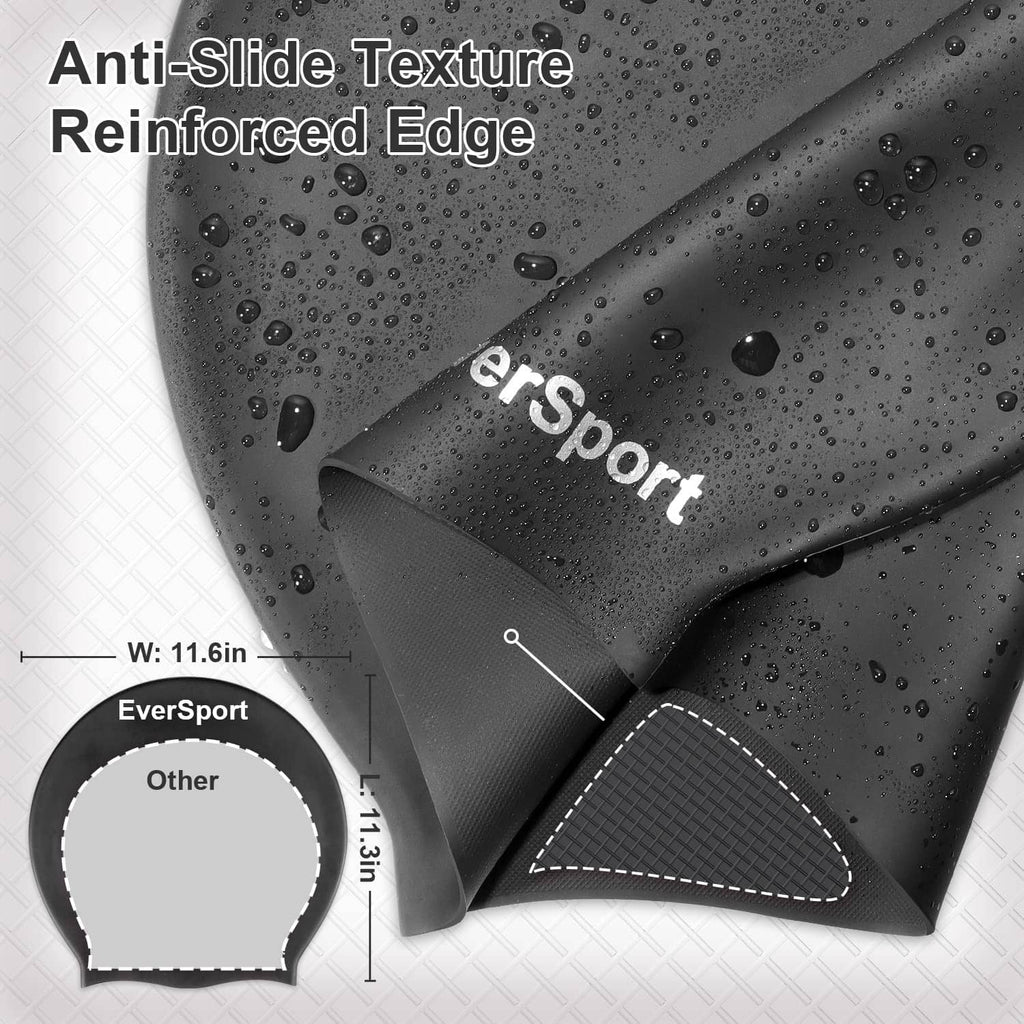 Close-up of black swim cap edge with textured non-slip reinforcement and beaded water drops