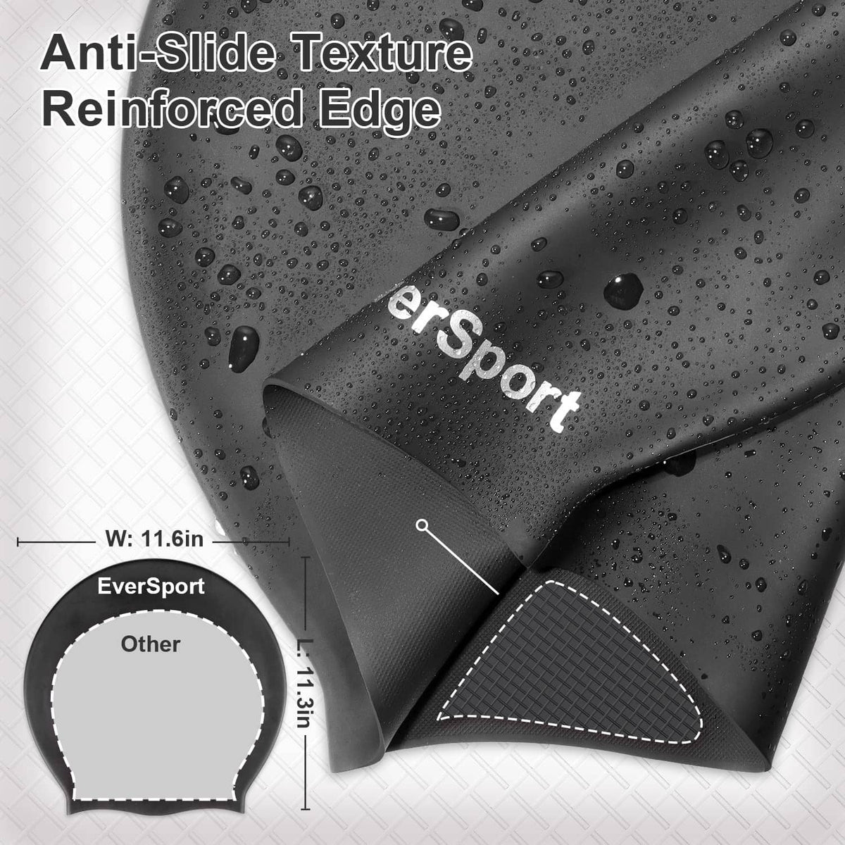 Close-up of black swim cap edge with textured non-slip reinforcement and beaded water drops