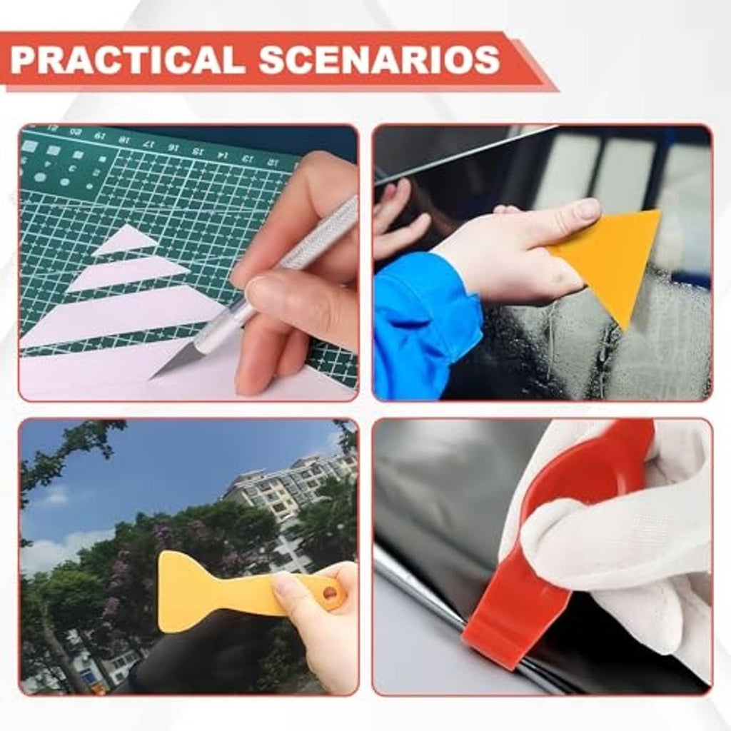 Window tint tools used on glass: blue squeegee and yellow scraping tool