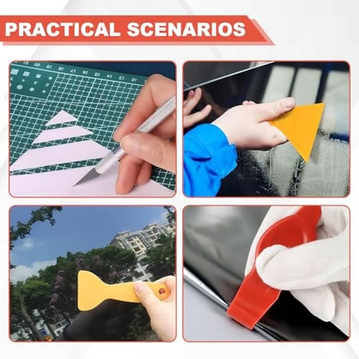 Window tint tools used on glass: blue squeegee and yellow scraping tool