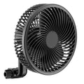 Black clip-on grow tent fan with circular grille and center hub