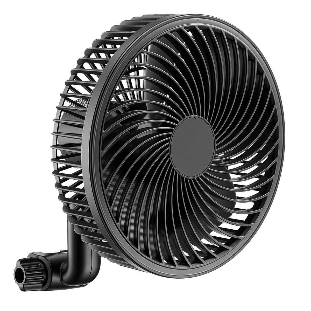 Black clip-on grow tent fan with circular grille and center hub