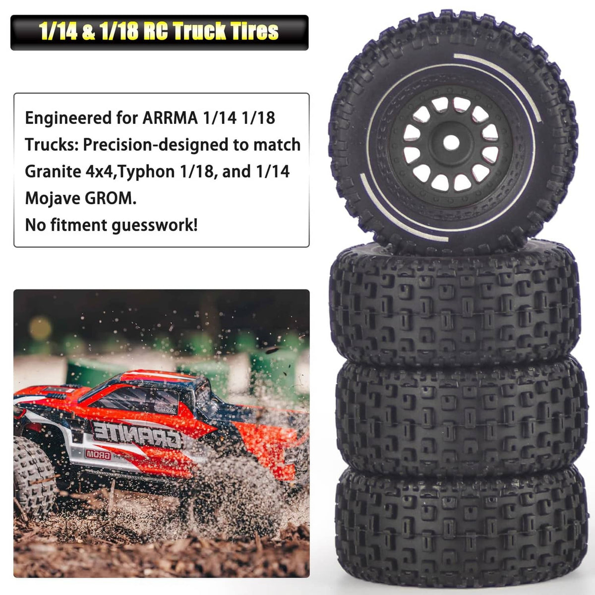 Black pre-glued RC truck tires with spoked wheels, three stacked treaded tires
