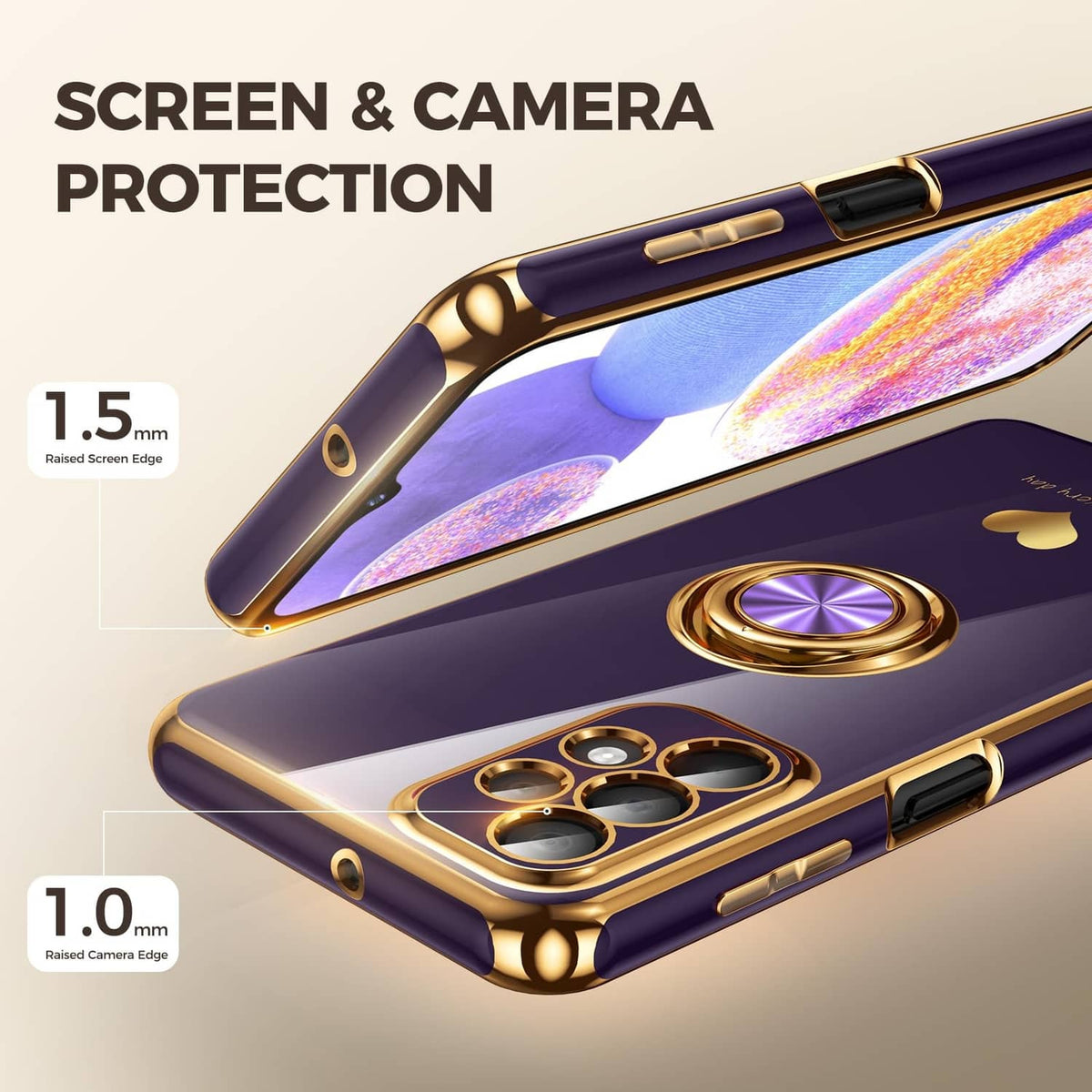 Purple phone case with gold trim, raised edges, and ring holder on back