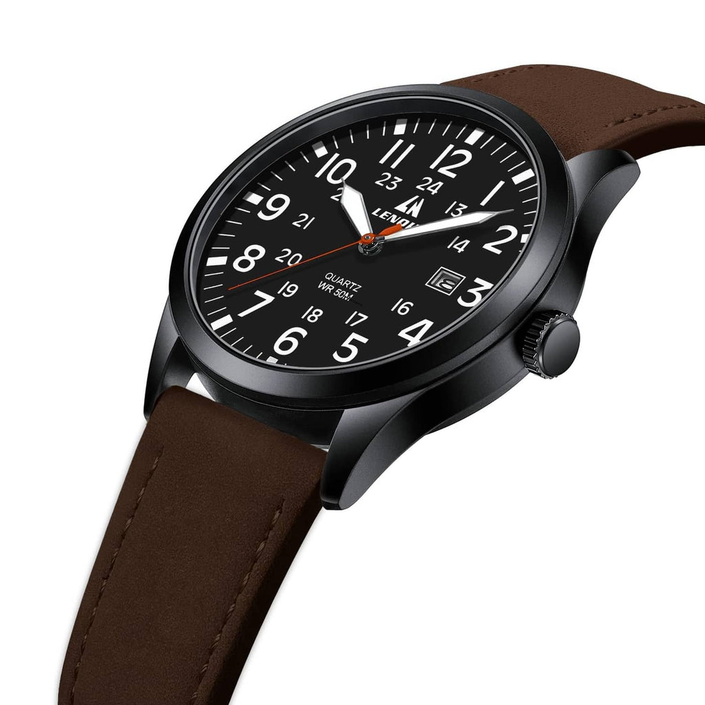Men's analog sport watch, black dial with orange seconds hand, brown leather strap
