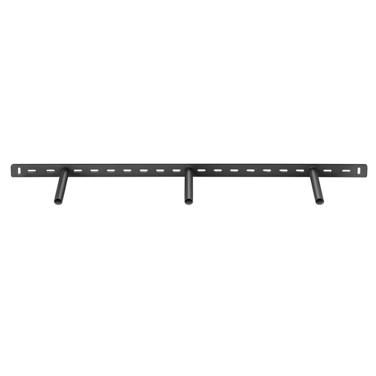 Floating shelf bracket rail with three black support pegs and mounting holes