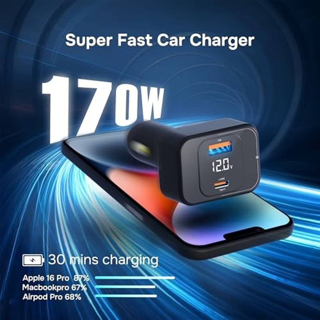 Black 170W dual-port car charger with LED voltage display on the plug