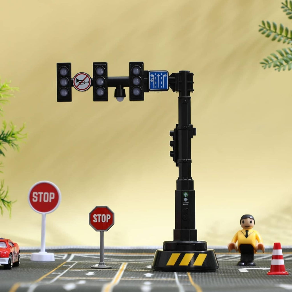Black interactive traffic light on round base with signal heads and display panel