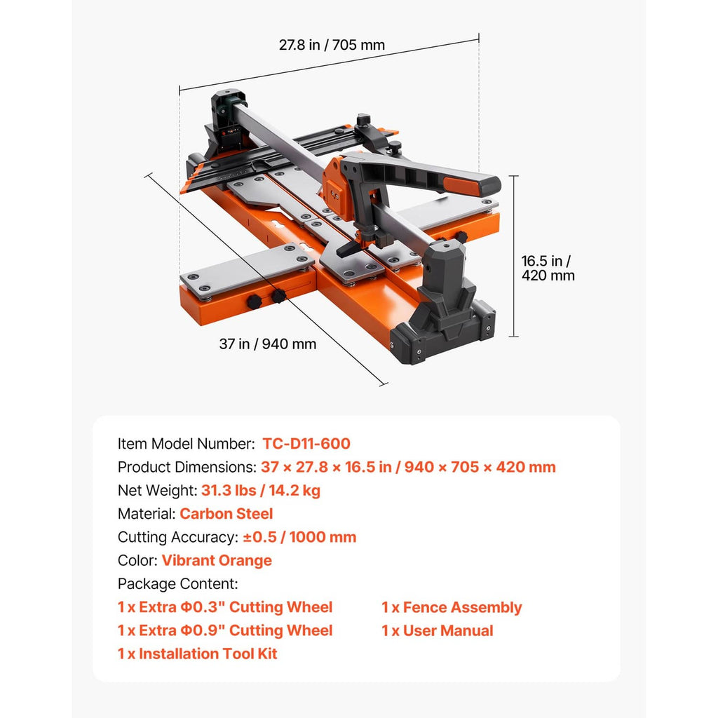Manual tile cutter with spring base, long rails, and scoring head, with dimension diagram