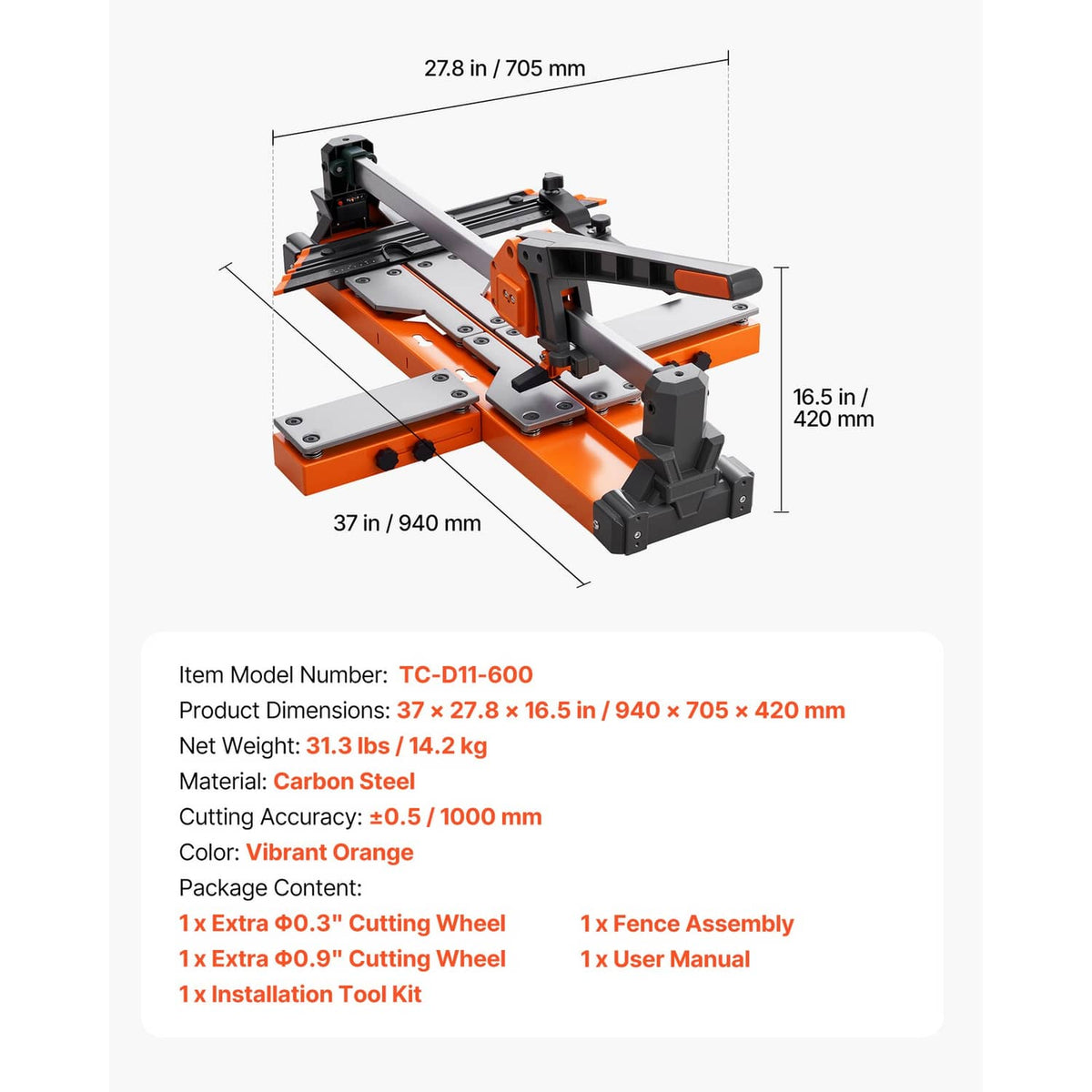 Manual tile cutter with spring base, long rails, and scoring head, with dimension diagram