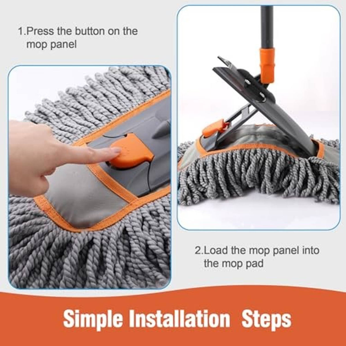 Microfiber mop pad with orange frame and clip-style panel attachment mechanism