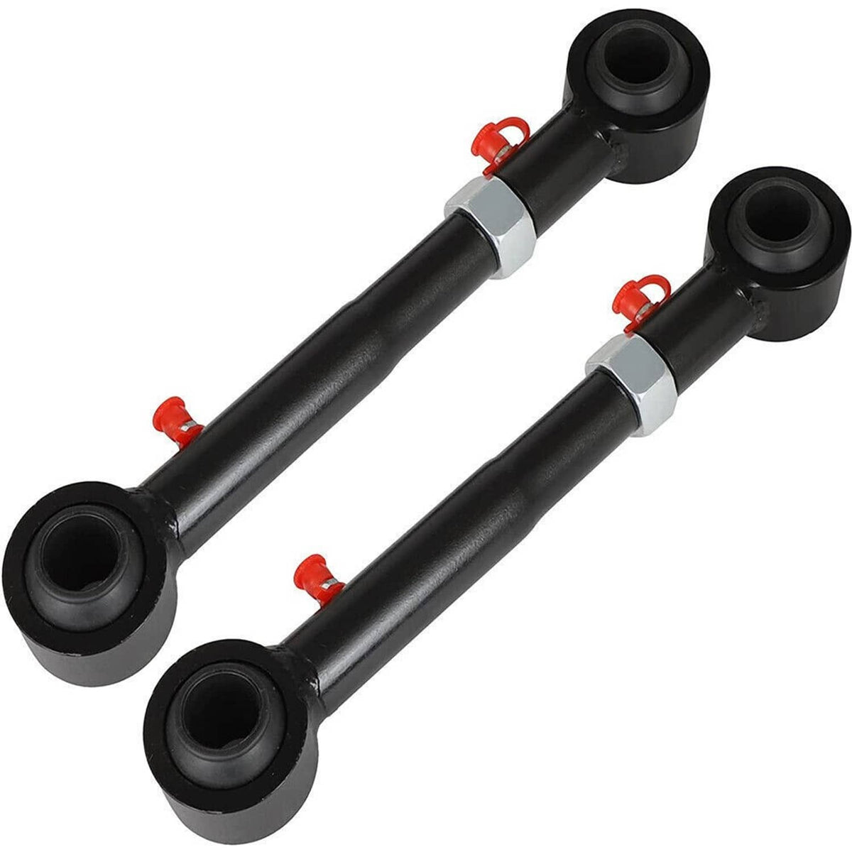 Pair of black sway bar link disconnects with red clips and rubber bushings