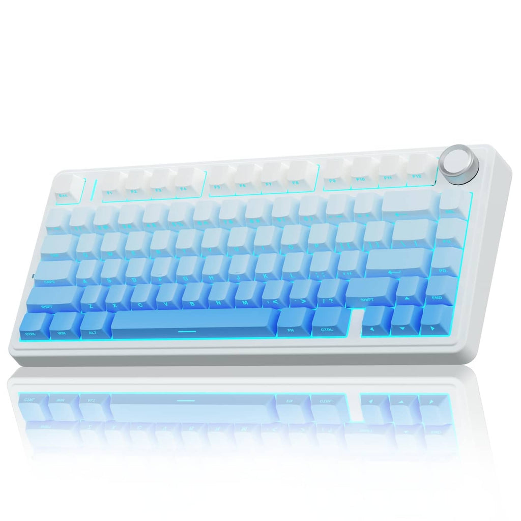 75% white mechanical keyboard with blue RGB backlight and round control knob