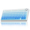 75% white mechanical keyboard with blue RGB backlight and round control knob