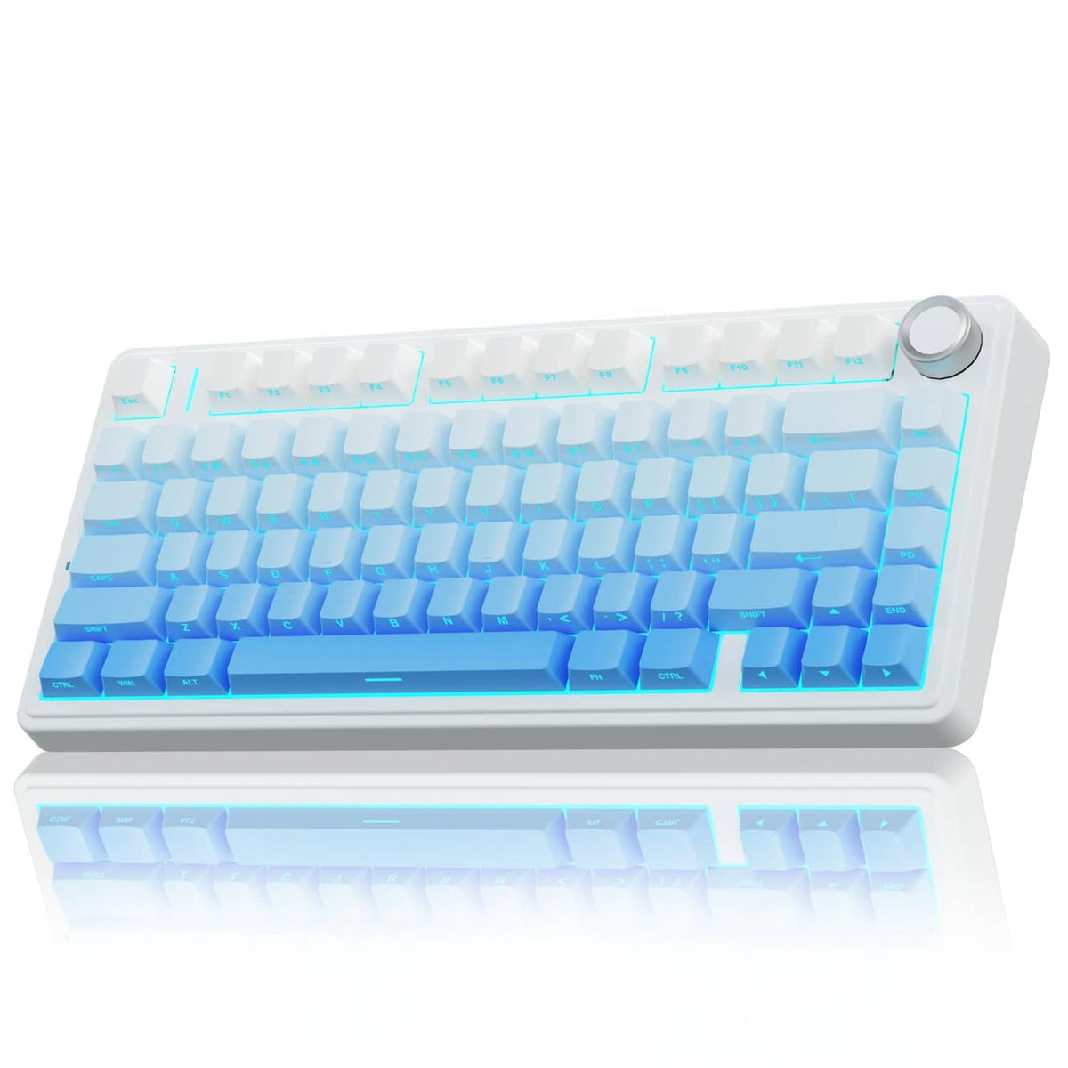 75% white mechanical keyboard with blue RGB backlight and round control knob