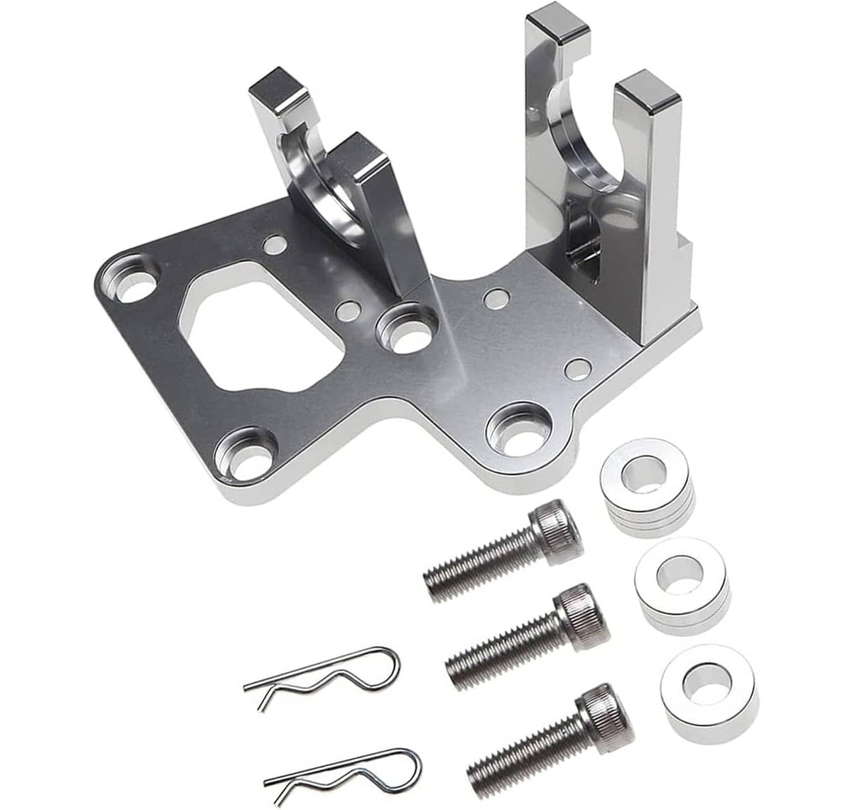 Metal trans shifter cable bracket with mounting holes and included screws, pins, washers