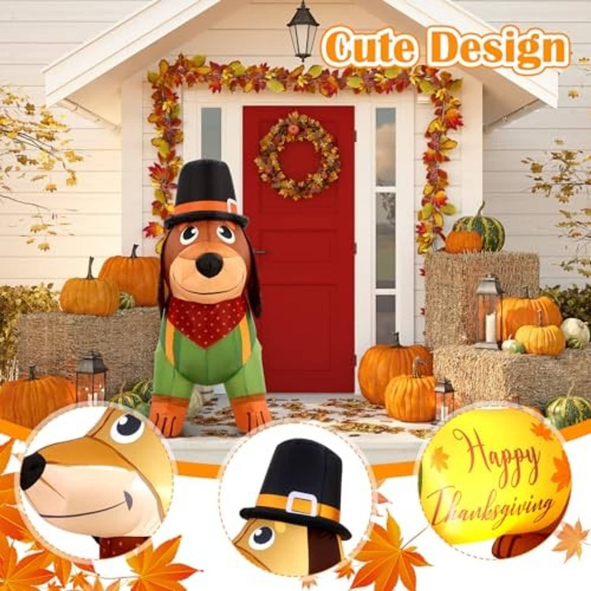 Inflatable dachshund Thanksgiving decoration with cute design, hat and “Happy Thanksgiving”