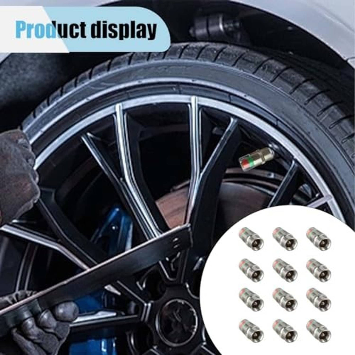 Tire valve stem caps installed on a car wheel, with green/amber/red indicator eyes