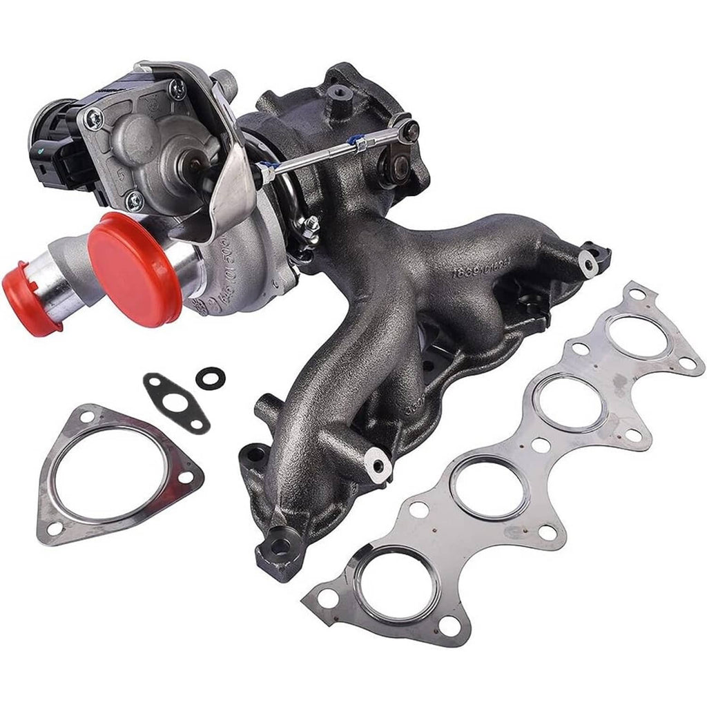 Turbocharger unit with red cap, dark gray exhaust manifold, and multiple metal gasket plates