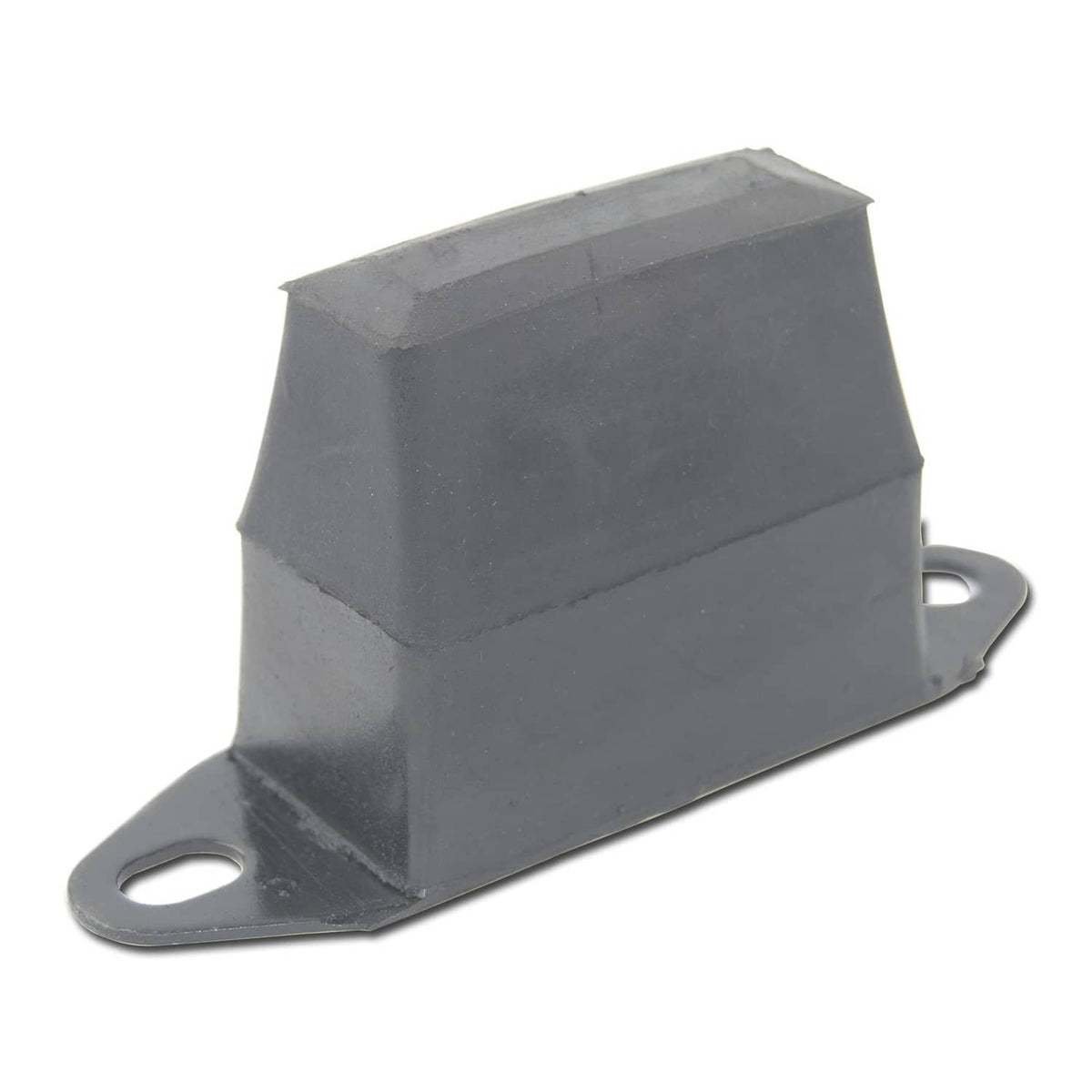 Rear suspension bump stop, dark rubber block with two metal mounting holes on base