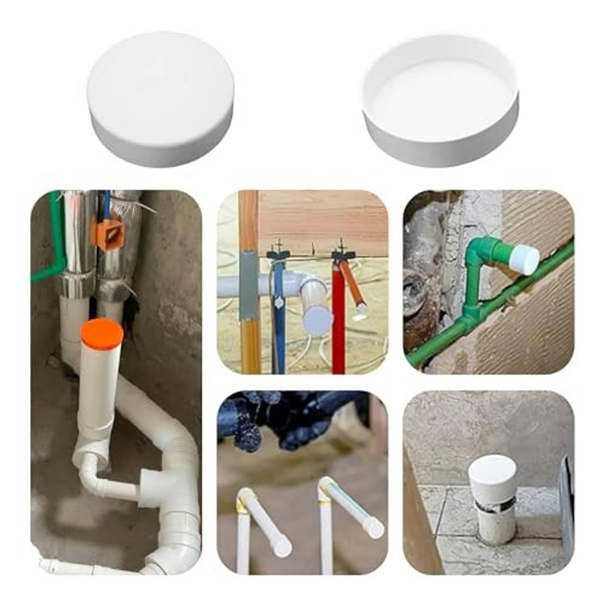 White PVC 2-inch end cap plugs, covering pipe ends