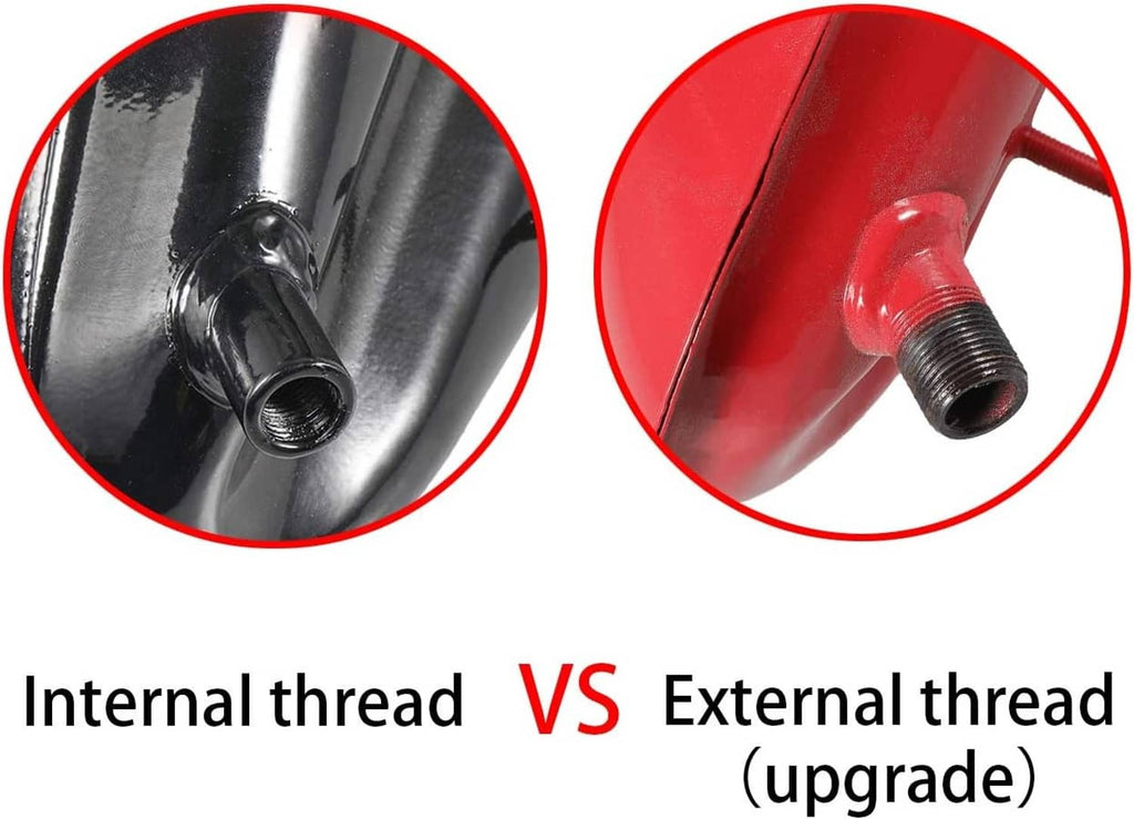 Red fuel tank side outlet with external thread and black hose fitting close-up