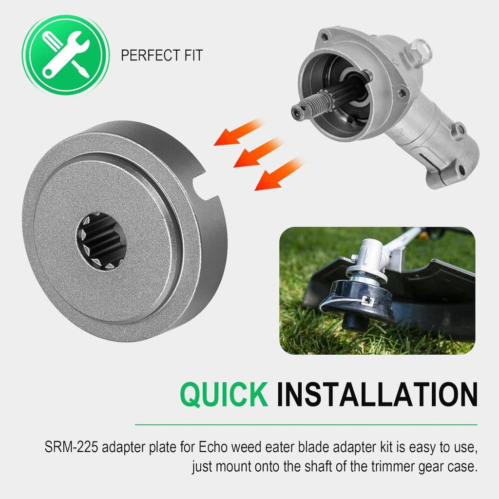 Grass trimmer adapter plate beside gearcase mount, showing quick-fit alignment