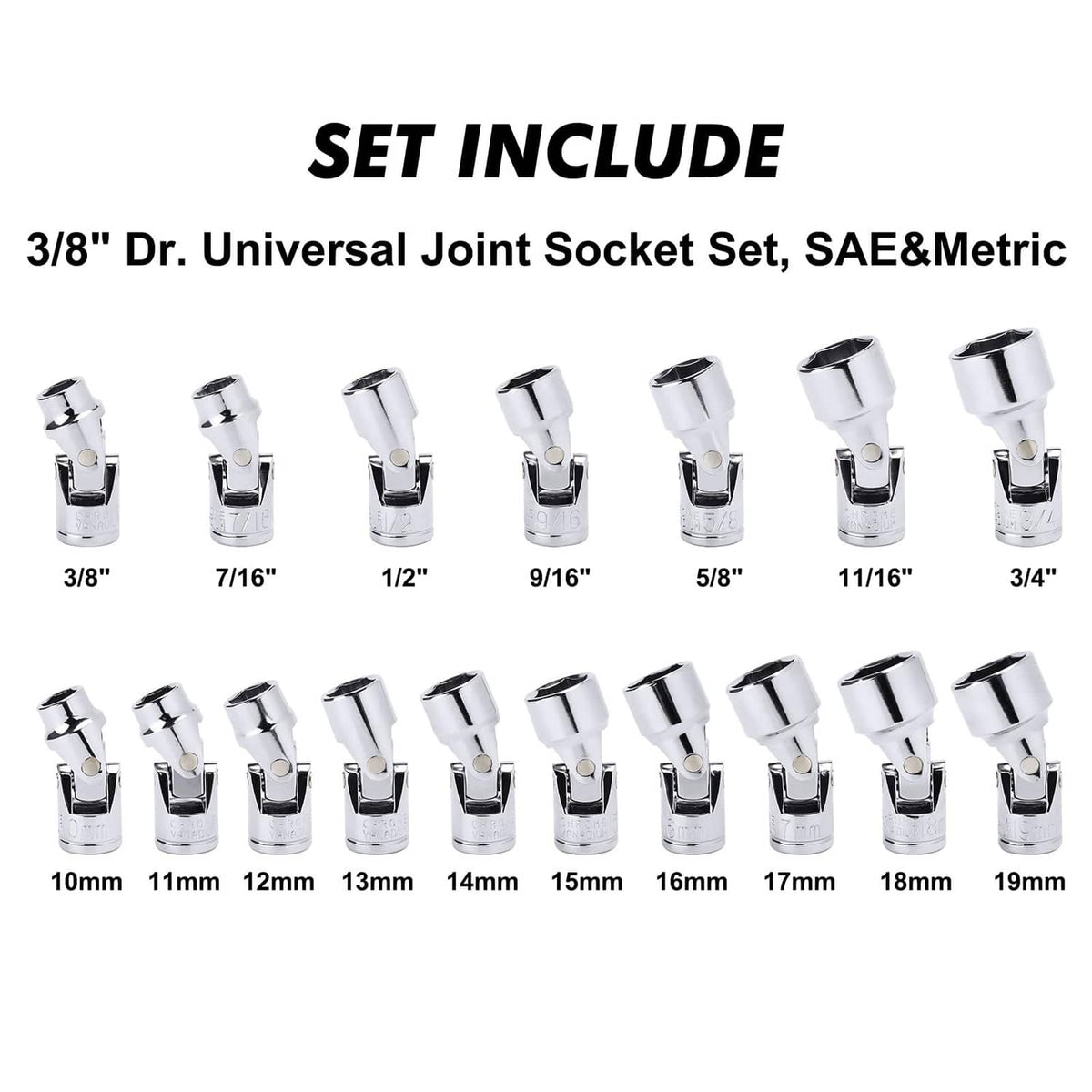 Set of chrome universal 3/8 in drive swivel sockets shown by size lineup