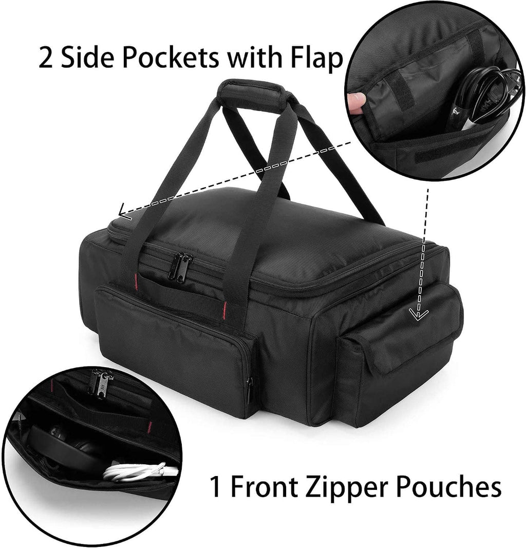 Black under-seat storage bag with side flap pockets and front zippered pouches