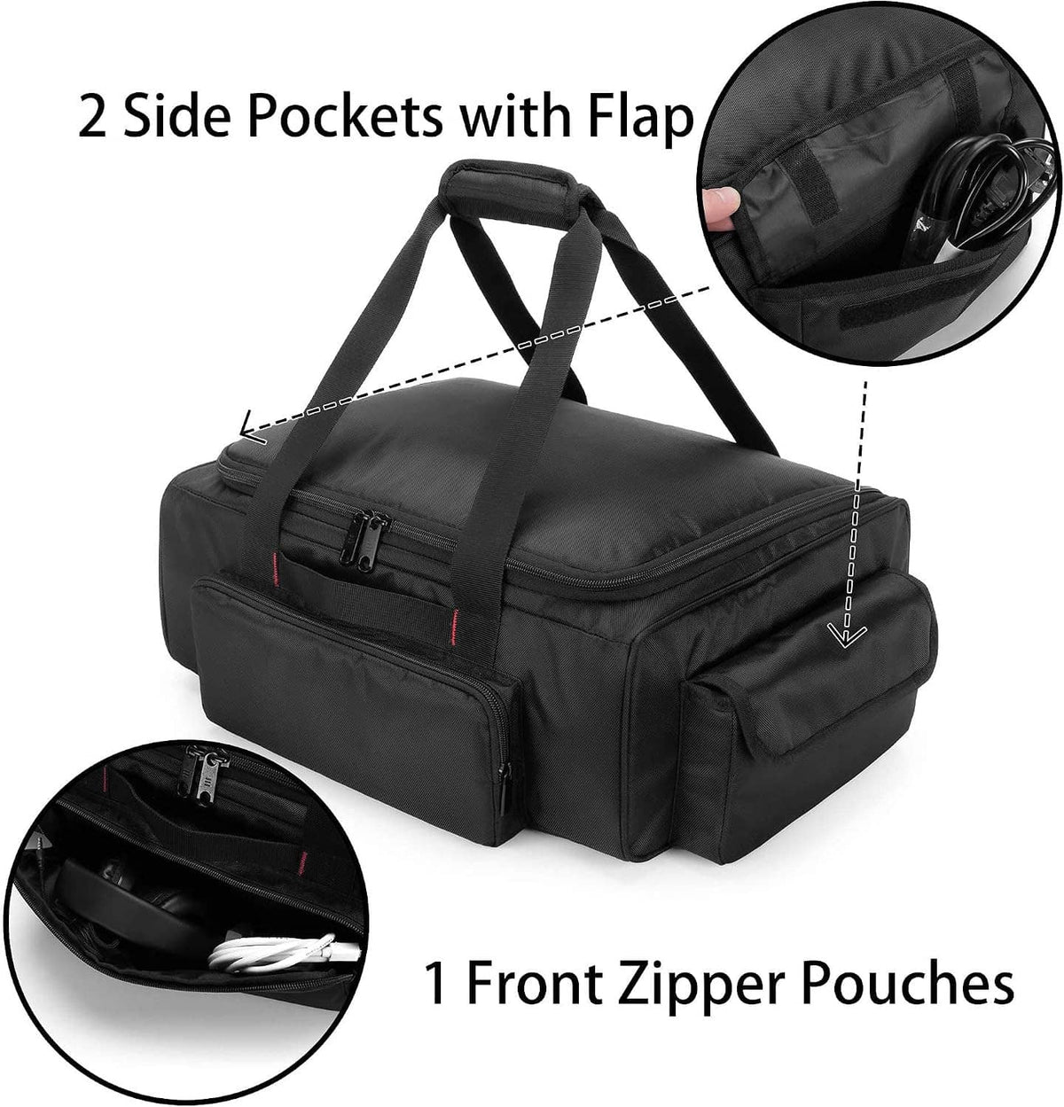 Black under-seat storage bag with side flap pockets and front zippered pouches