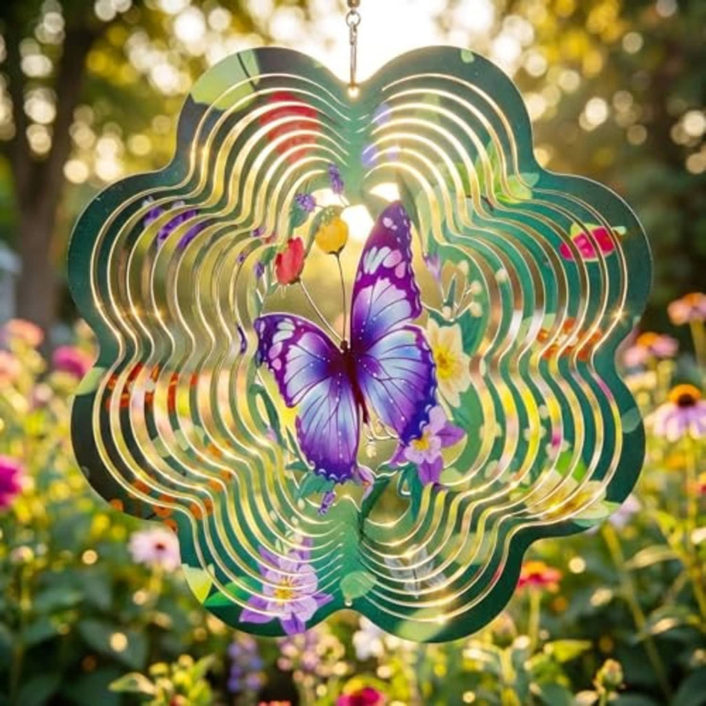Green 3D butterfly wind spinner close-up with purple butterfly and spiral rings