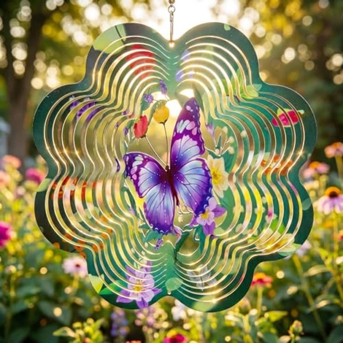 Green 3D butterfly wind spinner close-up with purple butterfly and spiral rings