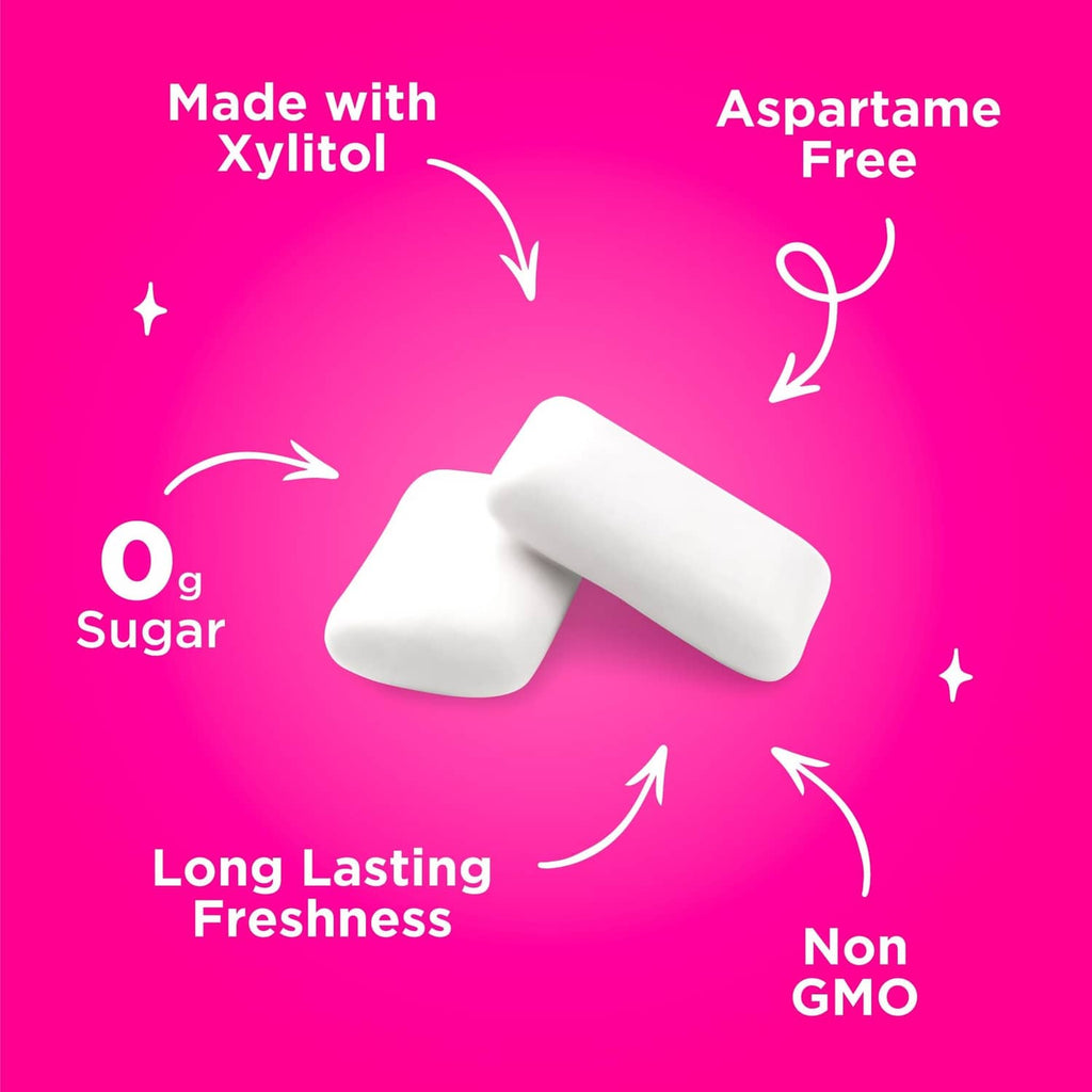 Xylitol gum claims: aspartame-free, 0g sugar, long-lasting freshness, non-GMO