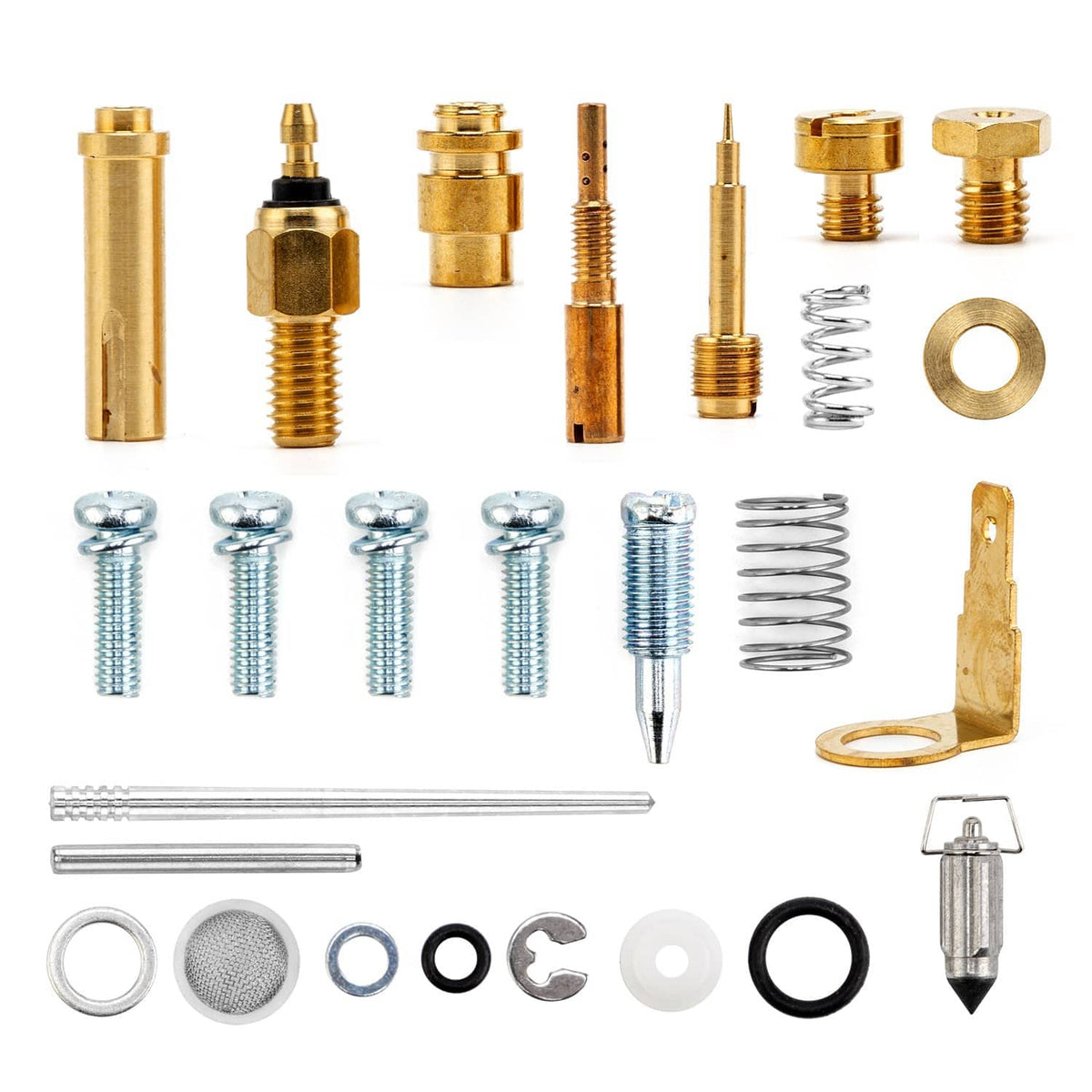 Carburetor rebuild kit with brass fittings, springs, gaskets, screws, and O-rings
