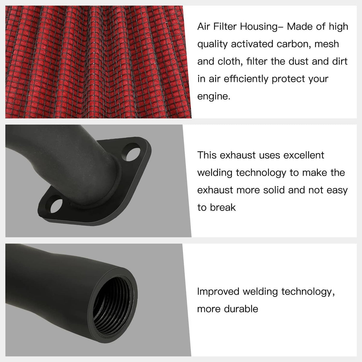 Red pleated air filter and black exhaust muffler fittings for VM22 stage 2 kit