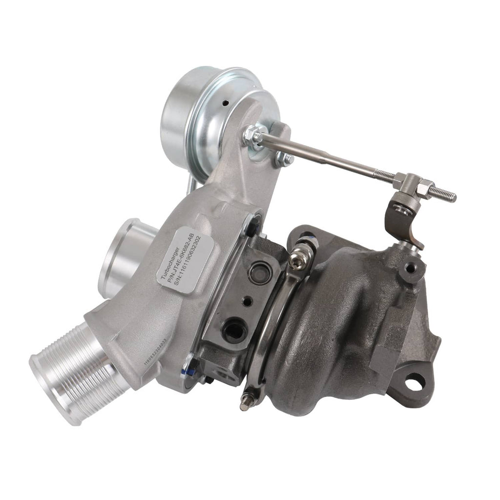 Turbocharger assembly with silver compressor housing and dark turbine housing, metal linkage