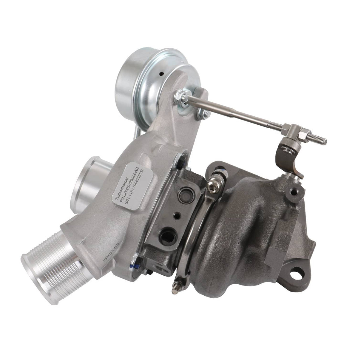 Turbocharger assembly with silver compressor housing and dark turbine housing, metal linkage