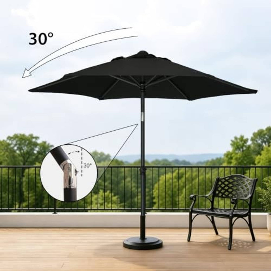 Black 6-ft patio umbrella tilted about 30 degrees on a center pole