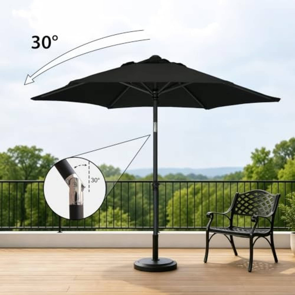 Black 6-ft patio umbrella tilted about 30 degrees on a center pole