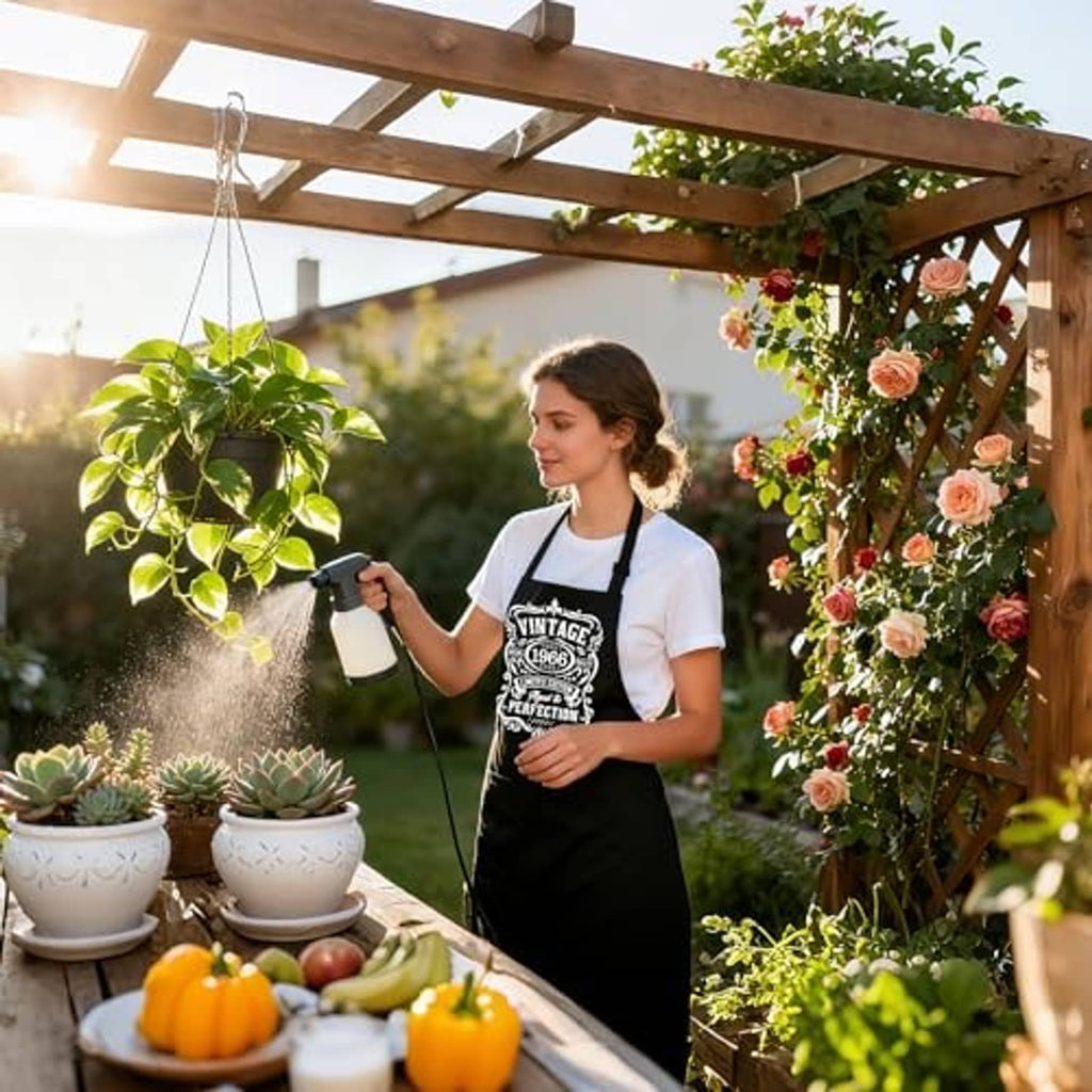Black apron worn over a white T-shirt, featuring a vintage-style front logo print.