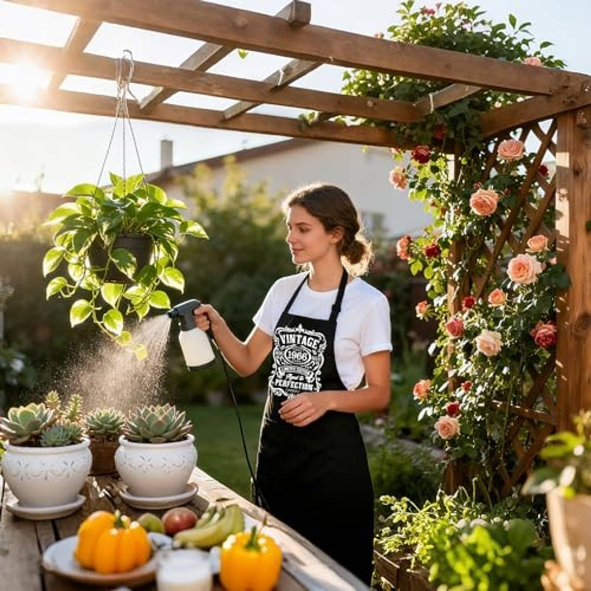 Black apron worn over a white T-shirt, featuring a vintage-style front logo print.