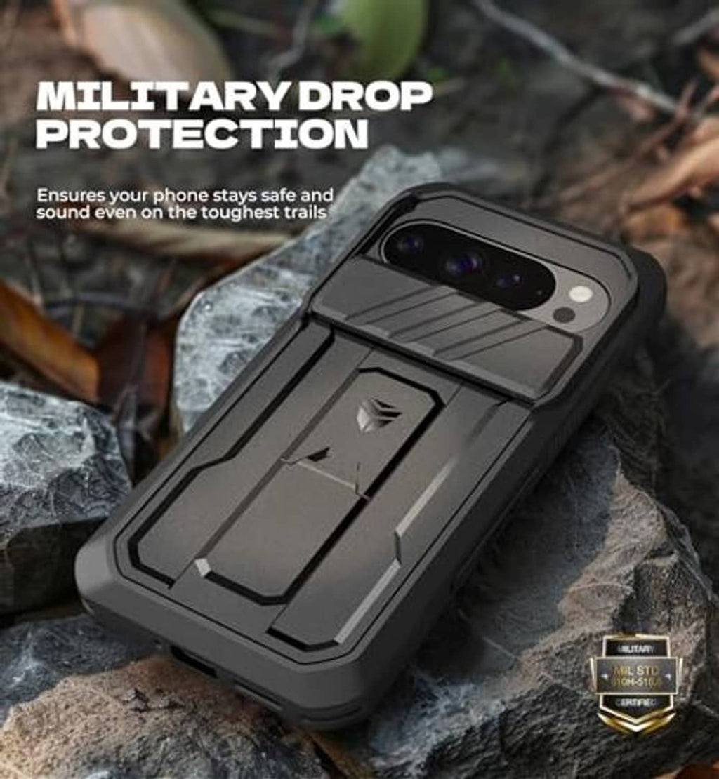 Black rugged phone case with camera cover and military-style protection, on rocky surface